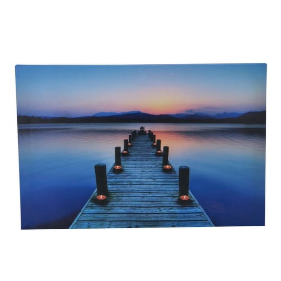 Beachcombers Dock Candle Wall Art, Lake Scene LED Lighted Gallery Wrapped Canvas