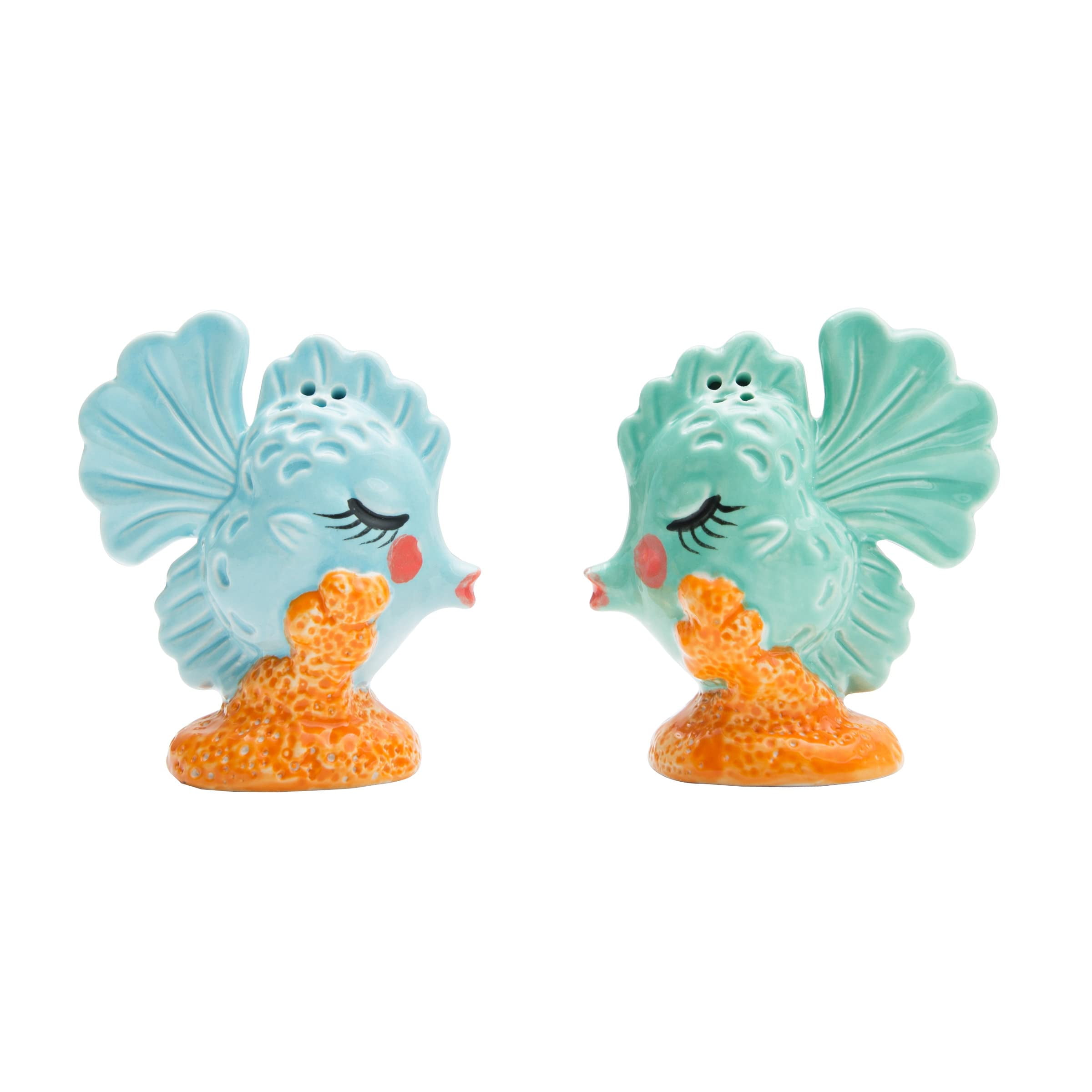 Coastal Blue and Orange Ceramic Fish Salt & Pepper Shakers Set
