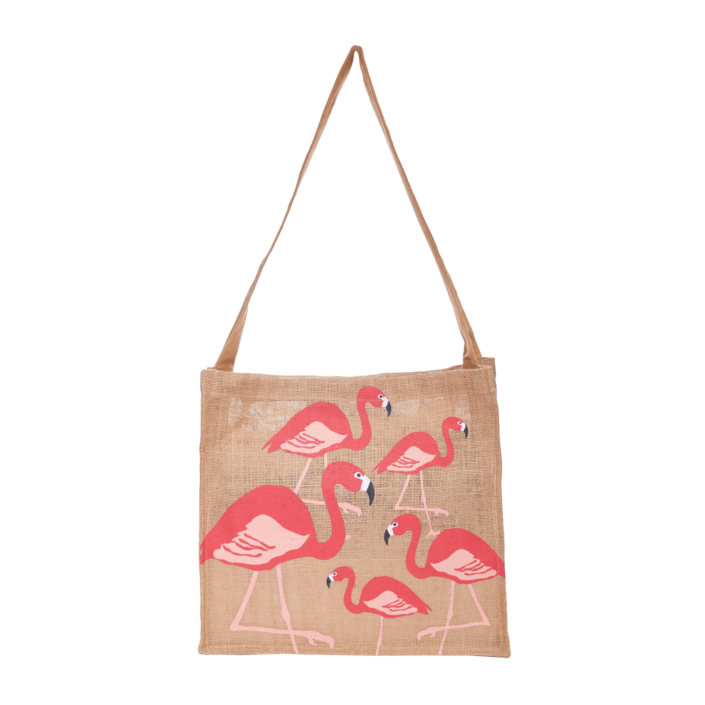 Eco-Friendly Flamingo Print Jute Tote Bag with Long Strap