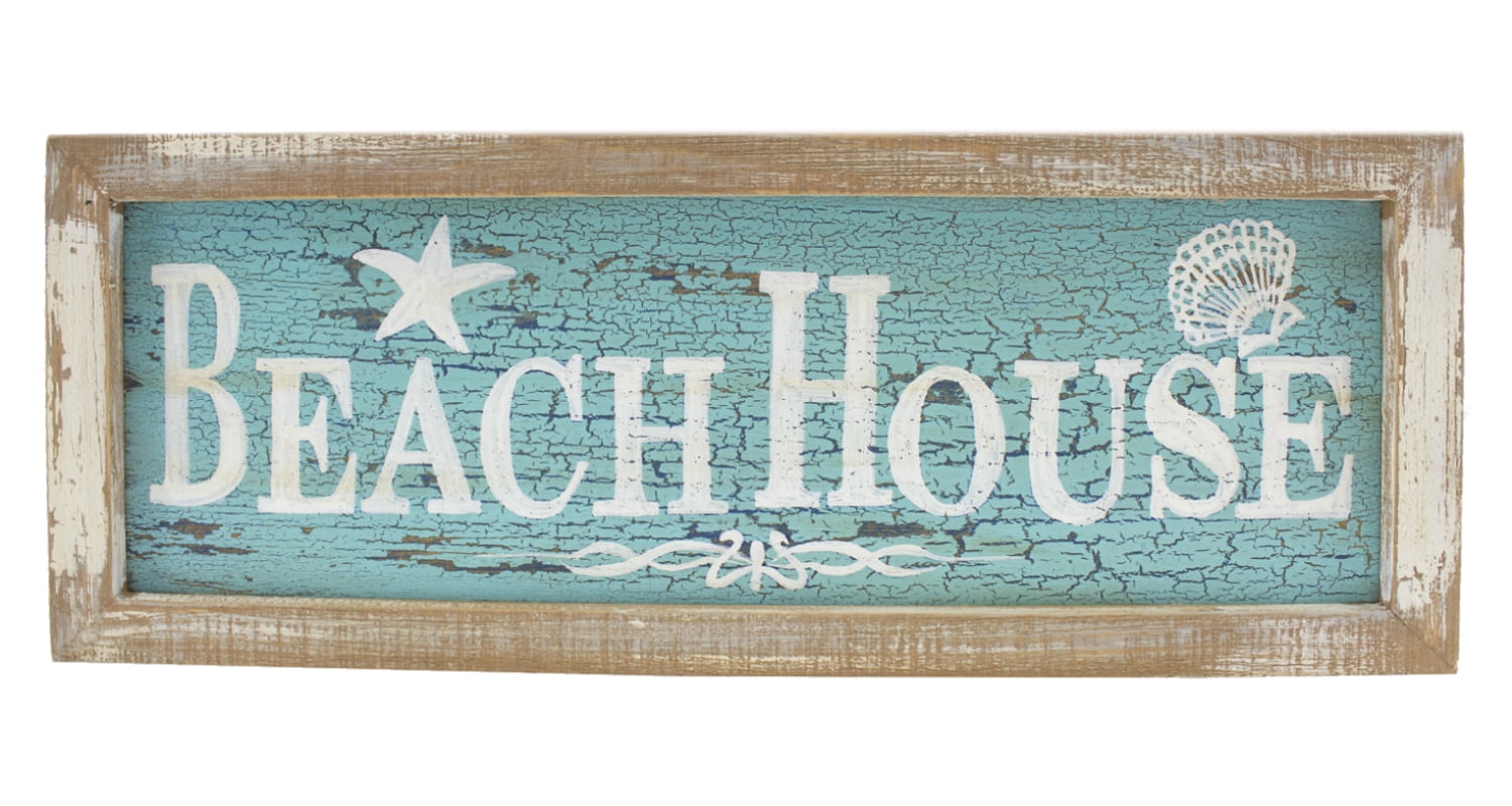 Distressed Blue and White Wood Framed Beach House Wall Plaque