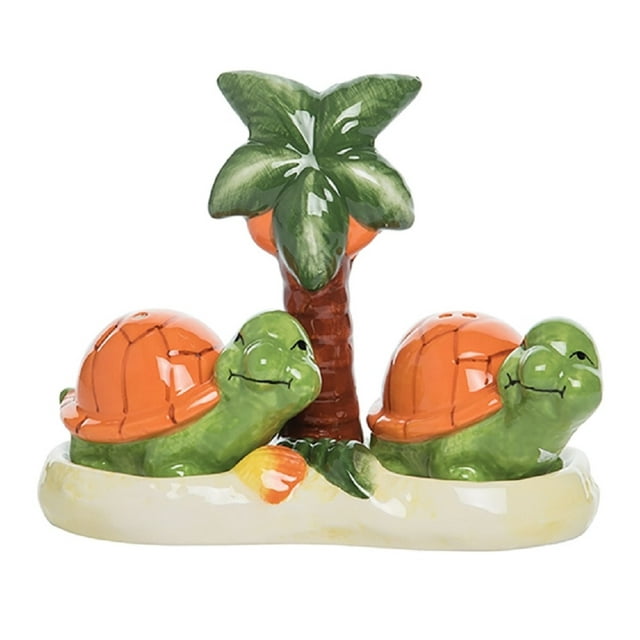 Beachcombers Green Turtle Ceramic Salt and Pepper Shakers with Caddy 4.25 Inch