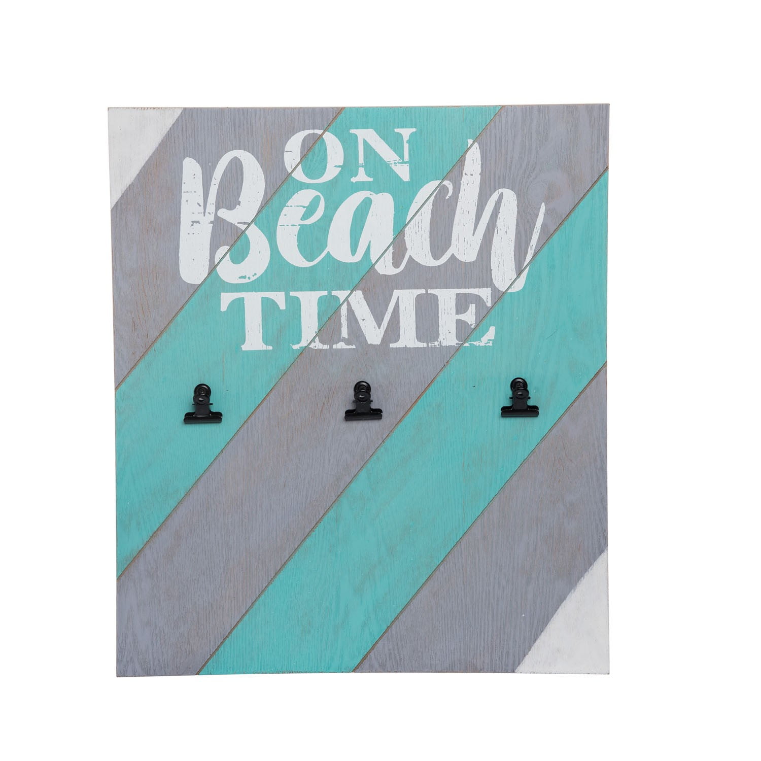 Beach Time Striped Wood Picture Holder Plaque in Teal and Gray