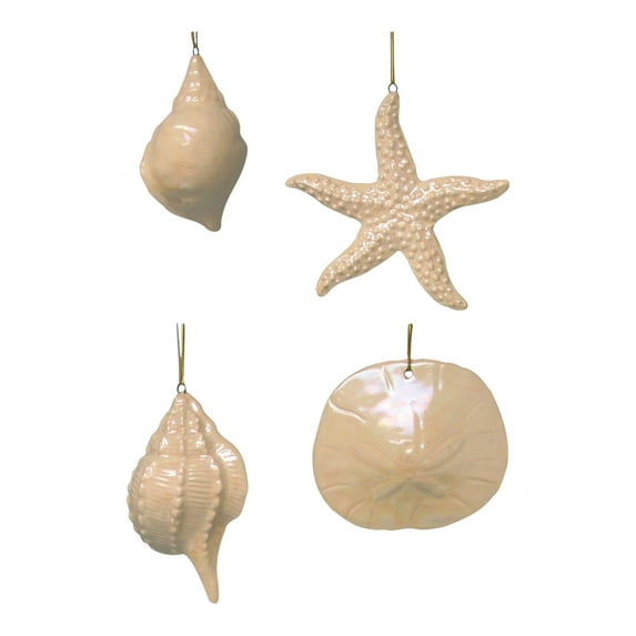 Beachcombers Pearlize Iridescent Seashell Holiday Ornaments Glass Cream Set of 4