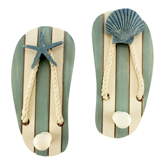 Beachcombers Shell Starfish Sandals Flip Flops Wood Wall Hooks Decor Set of 2