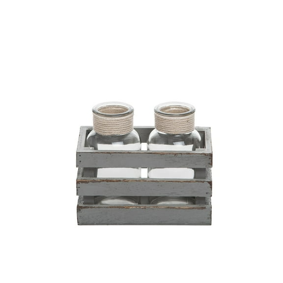 Small Grey Wood Crate With 2 Glass Bottles Rustic Wood Glass Decorative Gift Box Coastal Nautical Beach 6.69 x 3.54 x 5.5