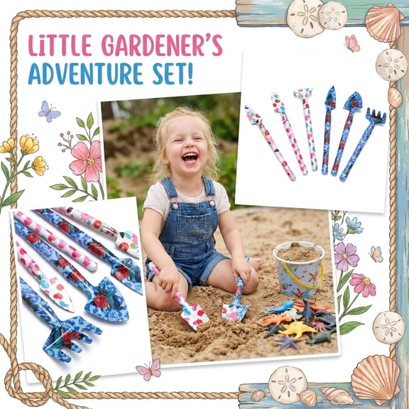 Beachcombing Tools 3 Piece Blue Floral Set, Two Narrow Shovels One Rake All Ages Outdoor Digging Sand Fossicking Shell Collecting Gear for Early Hobby Exploration Shop This