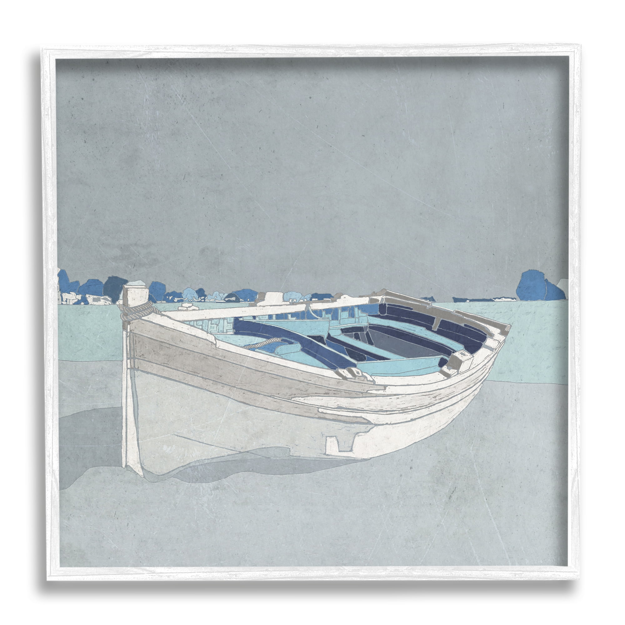 Beached Row Boat Monochromatic Blue Nautical Town Transportation Framed Art Print Wall Art, 17x17
