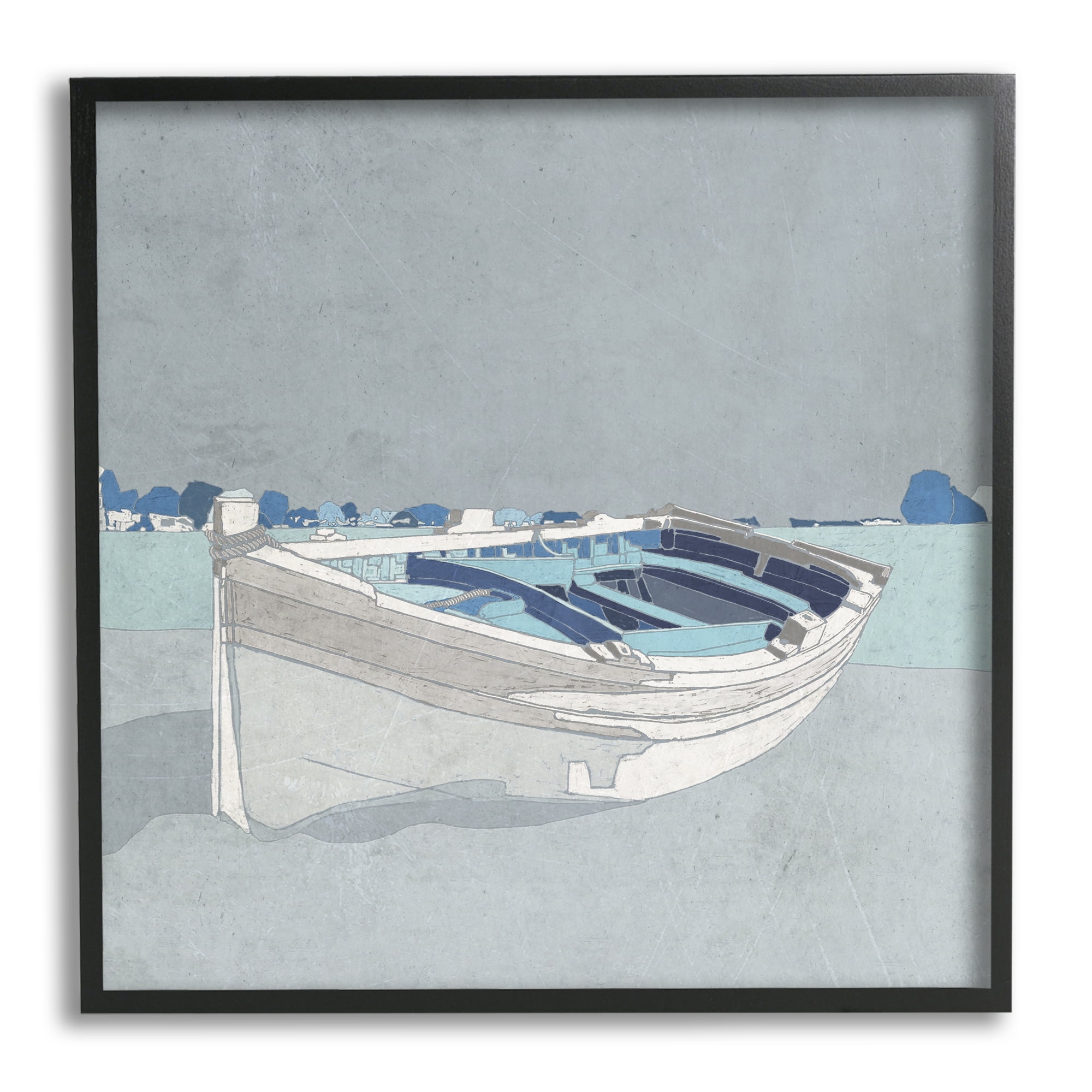Beached Row Boat Monochromatic Blue Nautical Town Transportation Framed Art Print Wall Art, 17x17