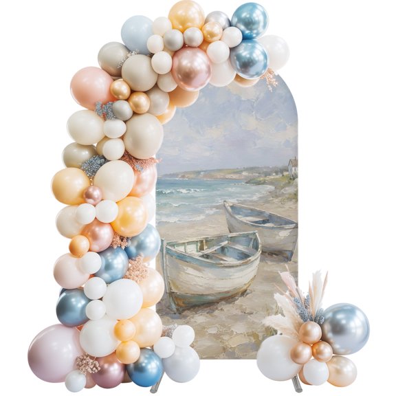 Beached Wooden Boats Arch Backdrop Cover Spandex Fitted Arch Cover 7.2FT,Arches Backdrop Stand Covers for Wedding Birthday Party Ceremony Banquet Decoration Oil Painting Style Coastal