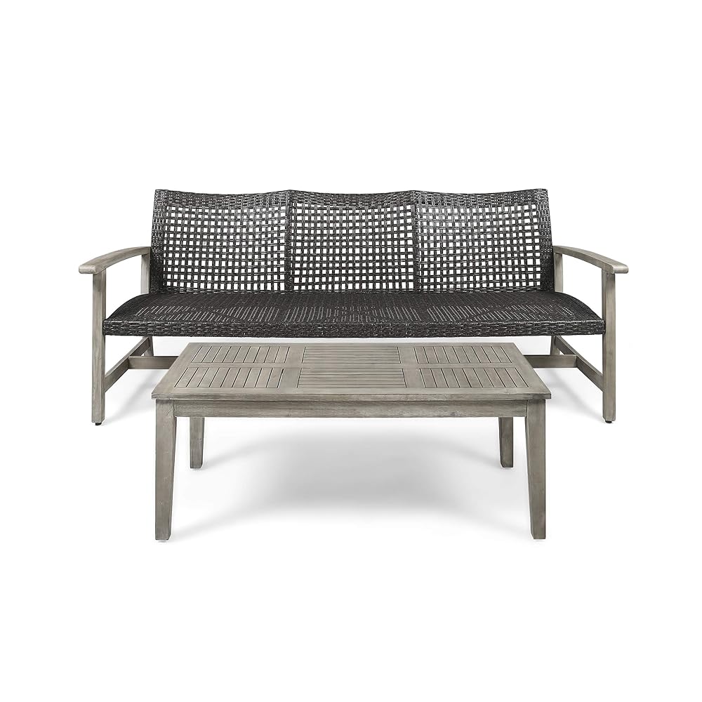 Beacher Belloc Outdoor Wood And Wicker Sofa And Coffee Table Set, Mixed