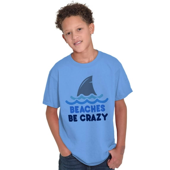 Beaches Be Crazy Funny Swimming Shark Crewneck T Shirts Boy Girl Teen Brisco Brands L