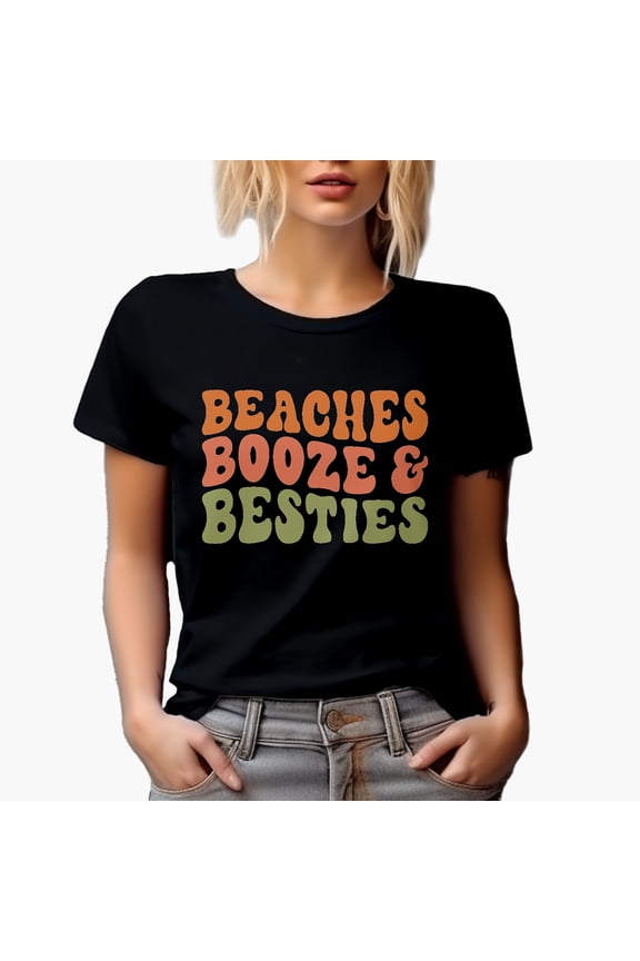 Beaches, Booze & Besties, Beach Lover Friends & Drinking Quote, Groovy Retro Wavy Text Merch Gift, Black T-Shirt, XL