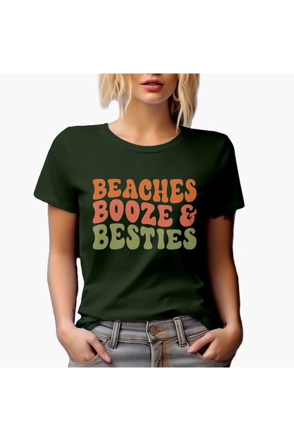 Beaches, Booze & Besties, Beach Lover Friends & Drinking Quote, Groovy Retro Wavy Text Merch Gift, Military Green T-Shirt, XL