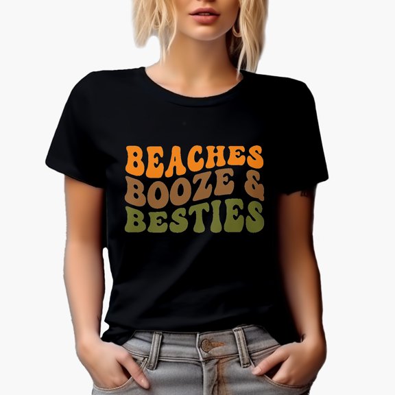 Beaches, Booze & Besties, Beach Lover Friends & Drinking Themed Quote, Groovy Retro Wavy Text Merch Gift, Black T-Shirt, XL
