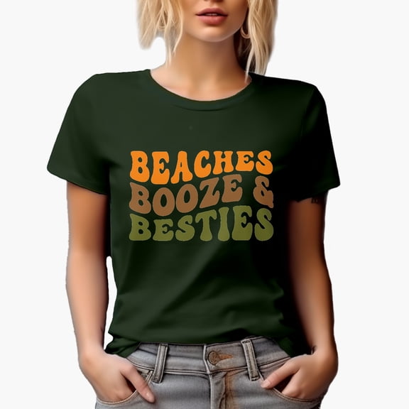 Beaches, Booze & Besties, Beach Lover Friends & Drinking Themed Quote, Groovy Retro Wavy Text Merch Gift, Military Green T-Shirt, Medium