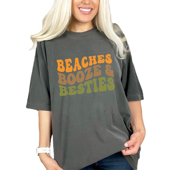 Beaches, Booze & Besties, Beach Lover Friends & Drinking Themed Quote, Groovy Retro Wavy Text, Pepper Comfort Colors T-Shirt, 3XL