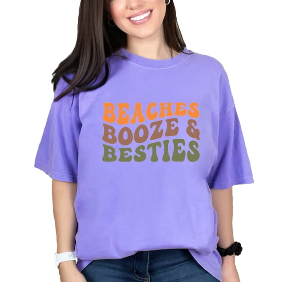 Beaches, Booze & Besties, Beach Lover Friends & Drinking Themed Quote, Groovy Retro Wavy Text, Violet Comfort Colors T-Shirt, XL