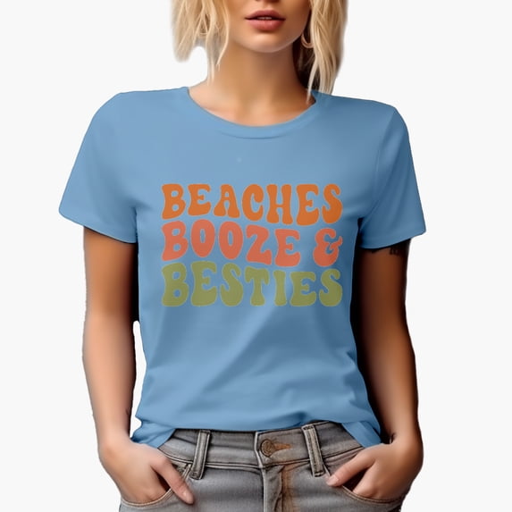 Beaches, Booze & Besties, Drinker & Beach Lover Quote, Groovy Retro Wavy Text Merch Gift, Baby Blue T-Shirt, 3XL