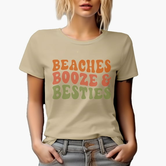 Beaches, Booze & Besties, Drinker & Beach Lover Quote, Groovy Retro Wavy Text Merch Gift, Tan T-Shirt, Medium