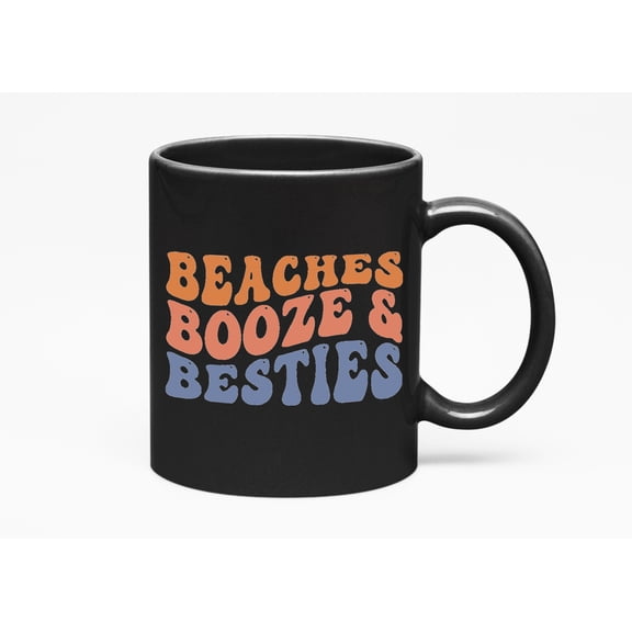 Beaches, Booze & Besties, Drinking Beach Lover Friends Quote, Groovy Retro Wavy Text Merch Gift, Black 11oz Ceramic Mug
