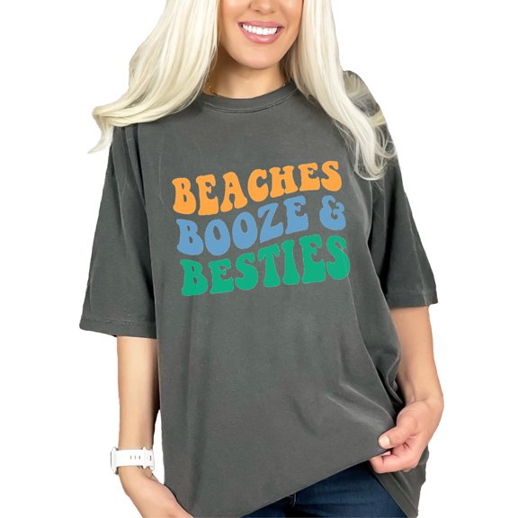 Beaches, Booze & Besties, Drinking & Beach Lover Friends Themed Quote, Groovy Retro Wavy Text, Pepper Comfort Colors T-Shirt, Large