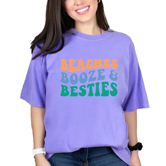 Beaches, Booze & Besties, Drinking & Beach Lover Friends Themed Quote, Groovy Retro Wavy Text, Violet Comfort Colors T-Shirt, 3XL