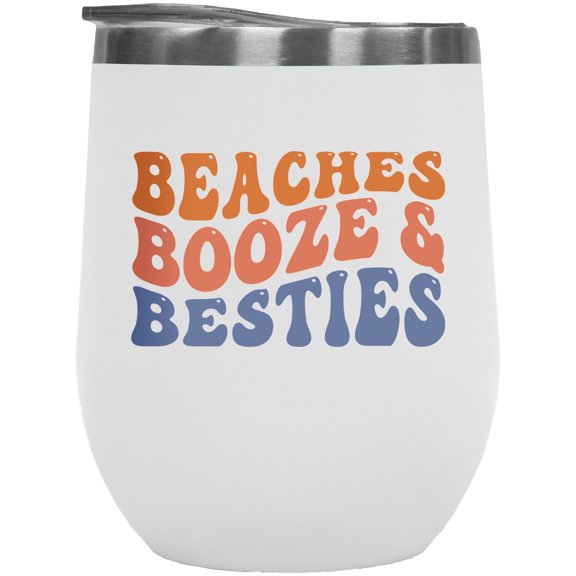 Beaches, Booze & Besties, Drinking Lover Quote, Groovy Retro Wavy Text Merch Gift, White 12oz Wine Tumbler