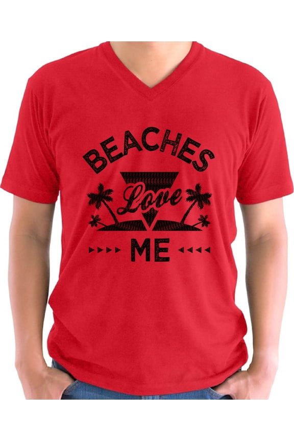 Beaches Love Me Black V-Neck T-Shirt for Men - S M L XL 2XL Graphic Tee - Beach Vibes Vacation V neck Cool Mens Shirt