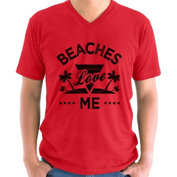 Beaches Love Me Black V-Neck T-Shirt for Men - S M L XL 2XL Graphic Tee - Beach Vibes Vacation V neck Cool Mens Shirt