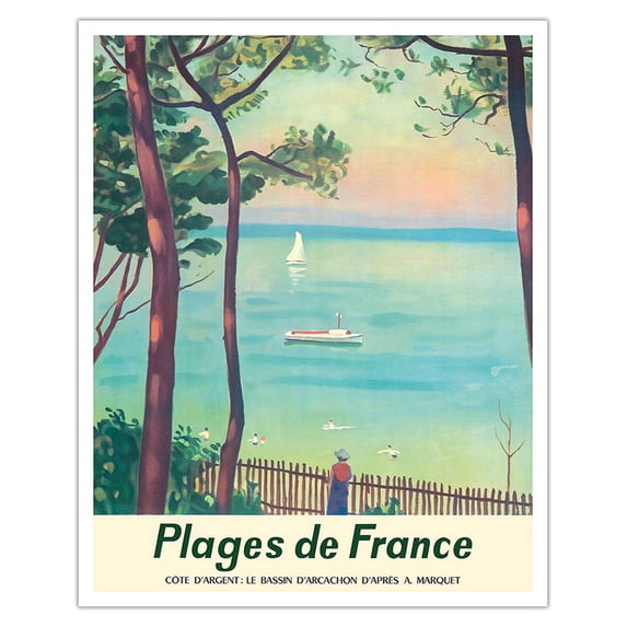 Beaches of France - Côte d'Argent Bassin d'Arcachon - Vintage Travel Poster by Albert Marquet c.1950 - Fine Art Matte Paper Print (Unframed) 16x20in