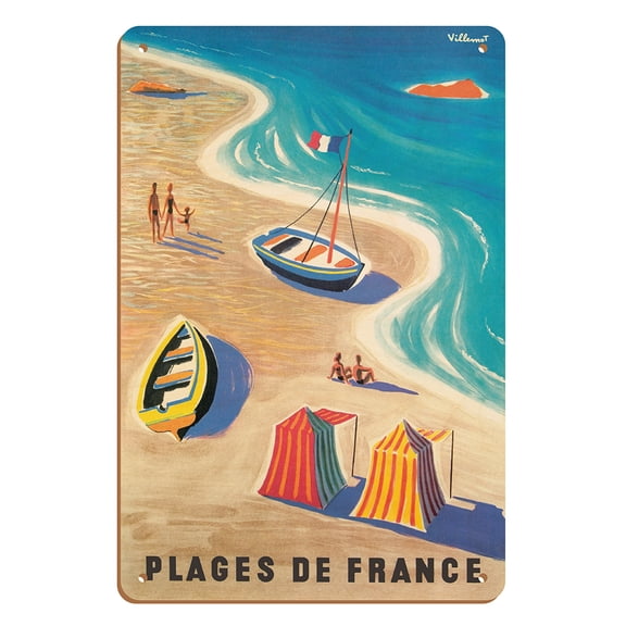 Beaches of France (Plages de France) - Vintage Travel Poster by Bernard Villemot c.1955 - 8 x 12 inch Vintage Wood Art Sign