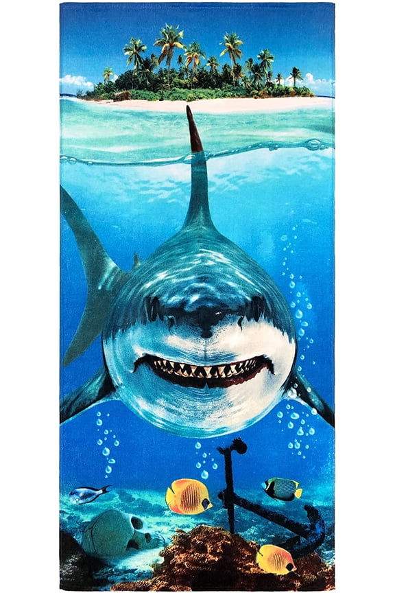 Big Shark Beach Towel 30 x 60 inch 100% Cotton - Great White Shark Attack