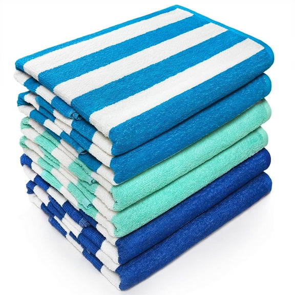 Beachland Classic Cabana Stripe Beach Towel - 30 x 60 inch - Soft Cotton Terry Resort Style Perfect for Beach and Pool (Royal-Tur-Mint, 6 Pack)