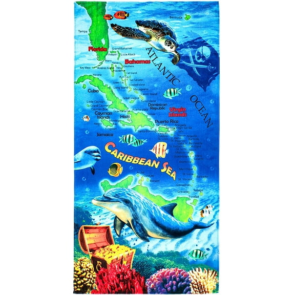 Beachland Dolphins Beach Towel 30 x 60 inch 100% Cotton - Caribbean Map - Bottlenose Dolphin Underwater