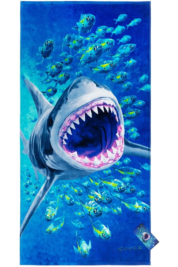 Extreme Shark Beach Towel 30 x 60 inch 100% Cotton - Design by Royce - Great White Shark Attack