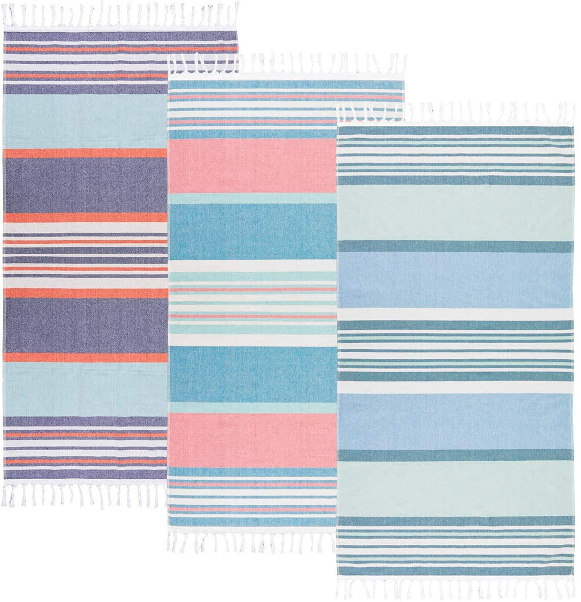 Beachland Large Fringe Beach Towel 32 x 63 inch Sand free Flat Woven in Front and Absorbent Terry on Reverse 100% Premium Cotton Turkish Style