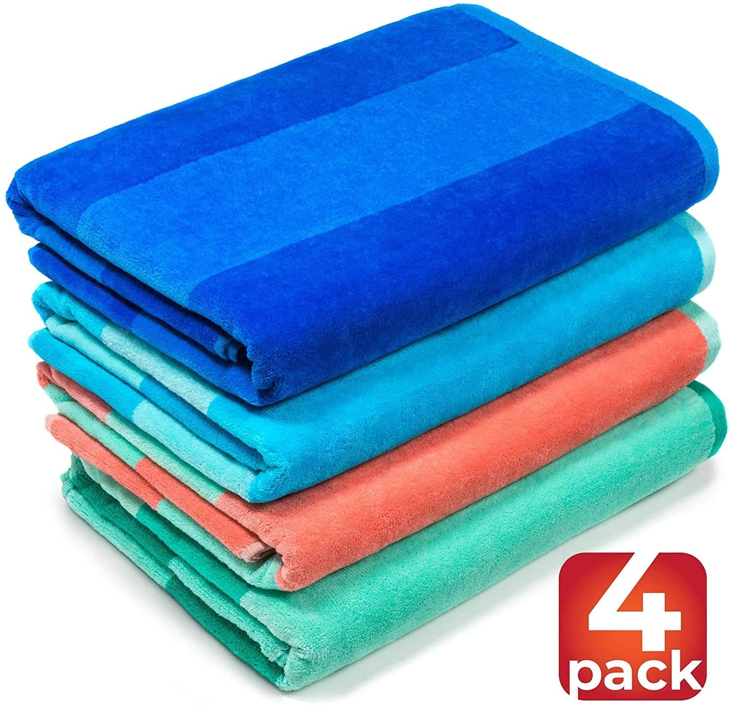 Beachland Soft Beach Towel 30 x 60 inch Cabana Stripe Hotel Pool and Resort - 4 Pack - Two tone Absorbent 100% Cotton