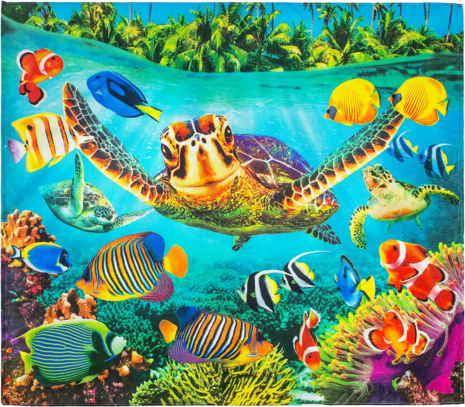 Beachland Turtle Beach Towel 55 x 68 inch Fishes Underwater Tropical Beach Blanket 100% Cotton Jumbo Extra Large Family Size