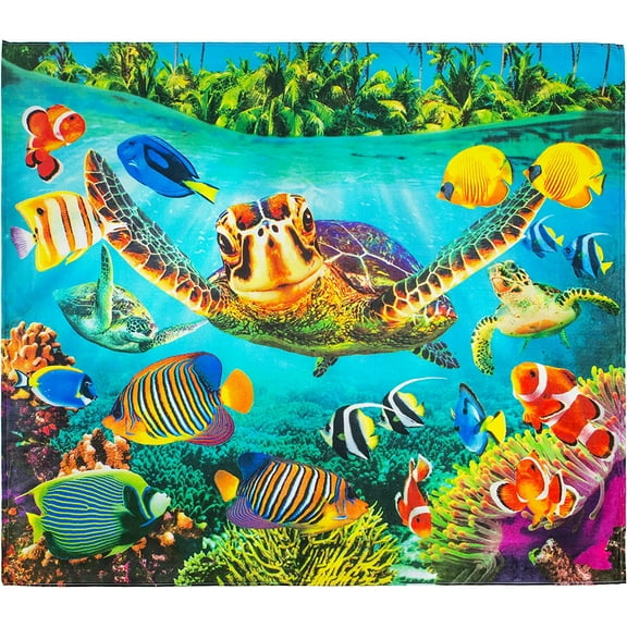 Beachland Turtle Beach Towel 55 x 68 inch Fishes Underwater Tropical Beach Blanket 100% Cotton Jumbo Extra Large Family Size