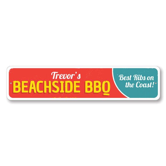 Beachside BBQ Sign, Best Ribs on Coast Sign, Custom Restaurant Name Beach Sign, Beach House Aluminum Decor - 4x18 inches