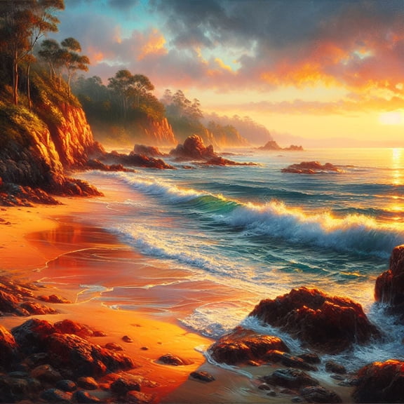 Beachside Cove at Sunrise Oil Painting - 12" x 18" Art Print Wall Decor