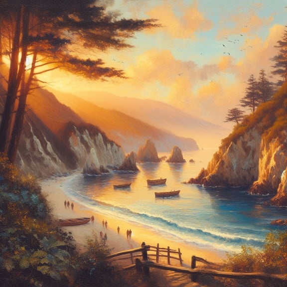 Beachside Cove at Sunrise Oil Painting II - 12" x 18" Art Print Wall Decor