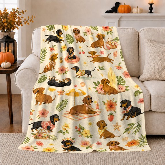 Beachside Dachshund Summer Vacation, Playful Pet Portrait Pattern, Warm Flannel Blanket for Living Room and Bedroom, Dog Lovers Just Because Gift, Pet Lover Home Decor