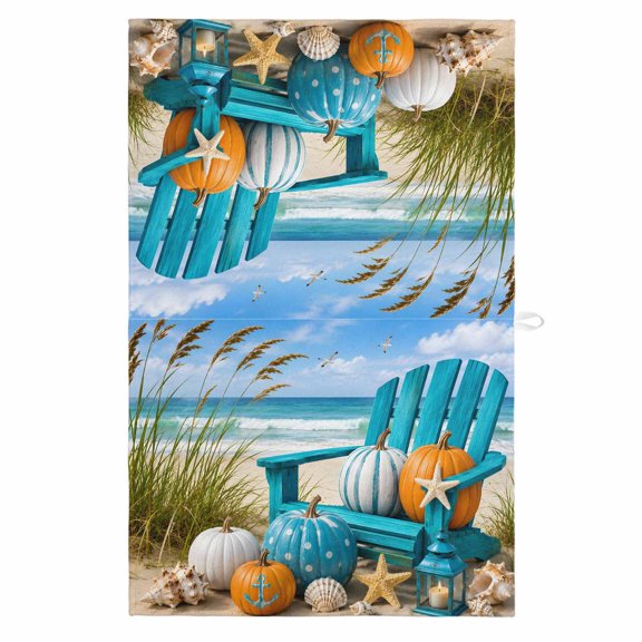Beachside Fall Kitchen Towels Dish Towel Pack of 1 Summer Coastal Pumpkin Turquoise Chair Beach Coastal Soft Dish Cloth Set Absorbent Dishcloth for Drying Dishes, Hand Towels 18 x 28 Inches