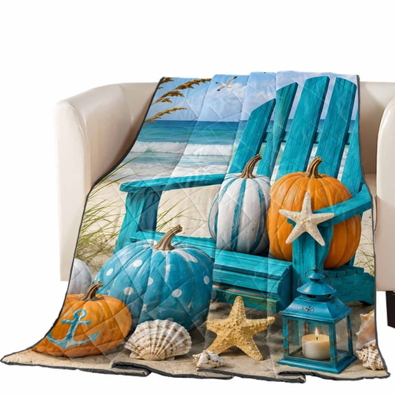 Beachside Fall Quilted Comforters Cooling Blanket Oversized Queen Size, Summer Coastal Pumpkin Turquoise Chair Beach Coastal Cold Comfort for Hot Sleepers Air Conditioning Quilt Blanket for Bed