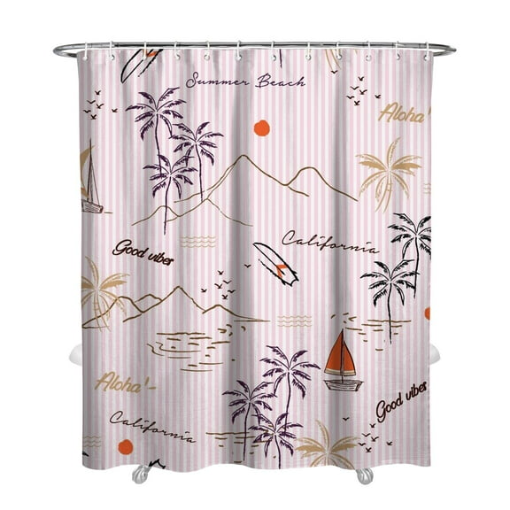Beachy Aloha Shower Curtain, Hawaiian Paradise Tropical Island and Palm Tree Coastal Design, Waterproof Bathroom Curtain with Hooks, Boho Fabric for Rental or Home Decor