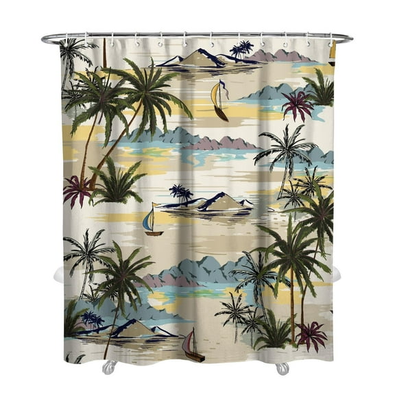 Beachy Aloha Shower Curtain, Hawaiian Paradise Tropical Island and Palm Tree Coastal Design, Waterproof Bathroom Curtain with Hooks, Boho Fabric for Rental or Home Decor