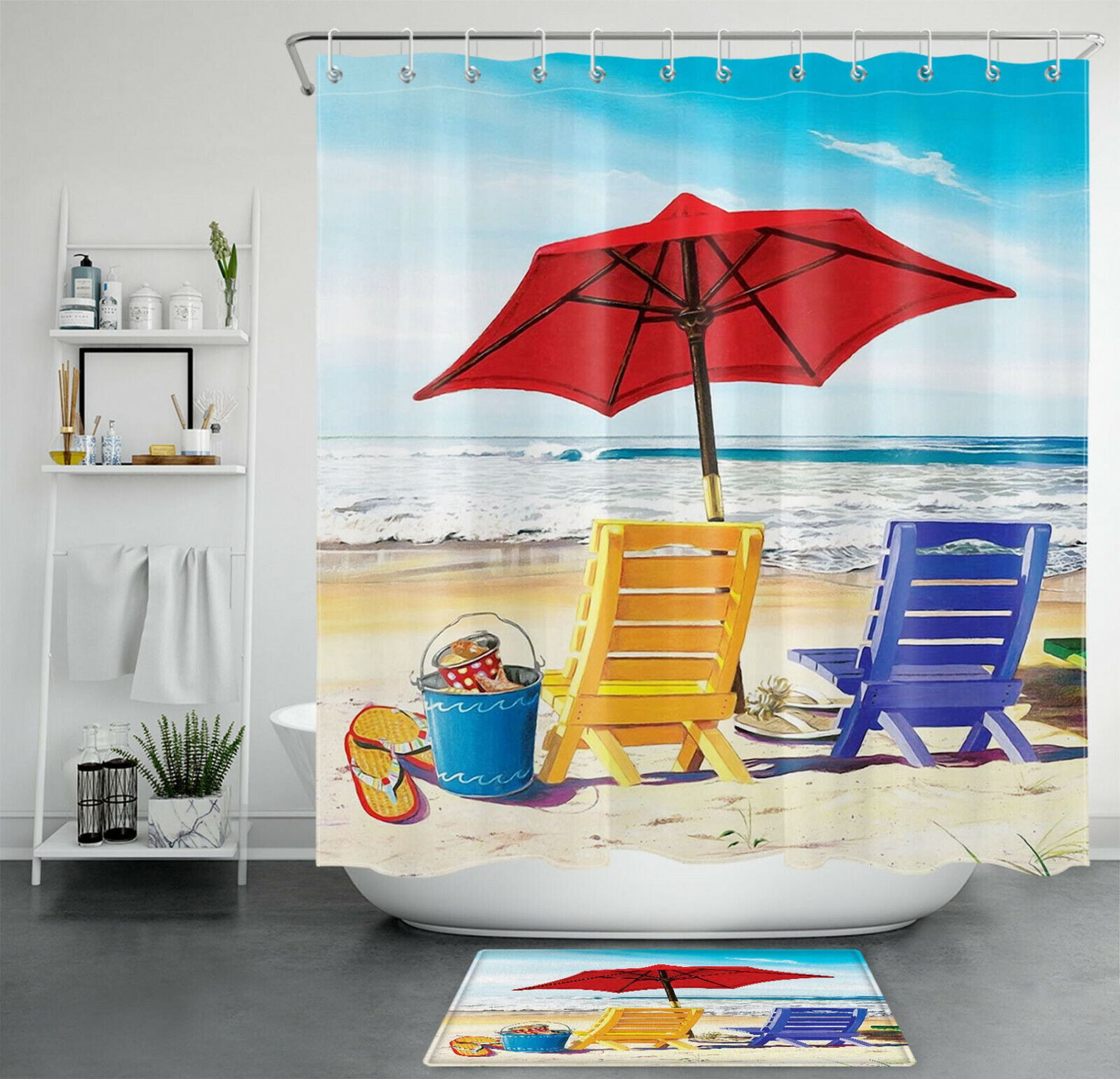 Beachy Bathroom Bliss Summer Shower Curtain & Accessory Set with Recliner, Parasol & More