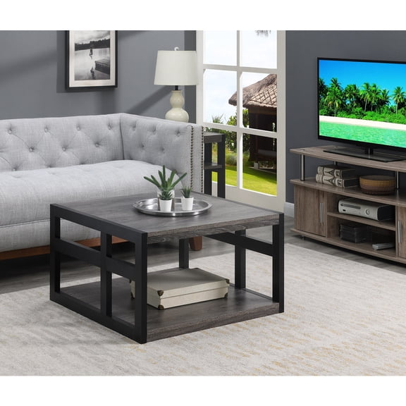 Beachy Beauty Square Coffee Table, 31.5-In x 31.5-In x 18-In , Weathered Gray/Black Finish, Particleboard & Melamine, Bottom Shelf, Easy 4-Step Assembly, Modern