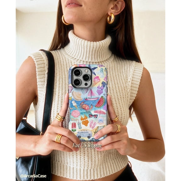 Beachy Blue Coastal Collage Phone Case For iPhone Samsung Shockproof Hard Shell Preppy Aesthetic Summer Vibes